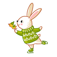 Hare in sweater skates. Christmas cute illustration in a childrens style. Rabbit isolated illustration.