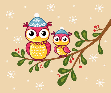 Two owls in hats sit on a branch. Vector illustration in a childrens style, with a beige background and snowflakes.