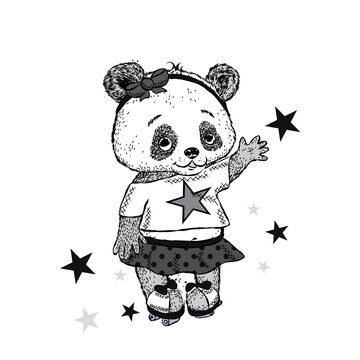 Cute Panda on roller skates. Pretty girl in a skirt. Vector illustration for a card or poster. Print on clothes. Childhood. Fashion & Style.