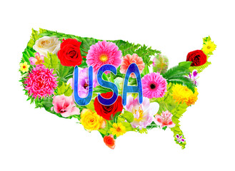 Floral design of USA map on white background