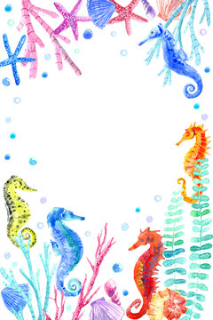 Frame with seahorse, shell, starfish, seaweed, coral and bubbles.Underwater world postcard on a white background.Watercolor hand drawn illustration.