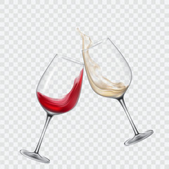 Set transparent glasses with white and red wine