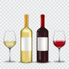 Two bottles and  glasses of wine - red  white