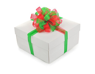 Gift box with ribbon bow on white background