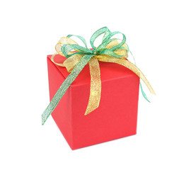Gift box with ribbon bow on white background