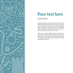 Poster, flyer with medieval thin line icons, symbols. Jester, spears, medieval tower, torch, flail, morning star, axe, chain. Vector template with medieval design elements and place for your text.