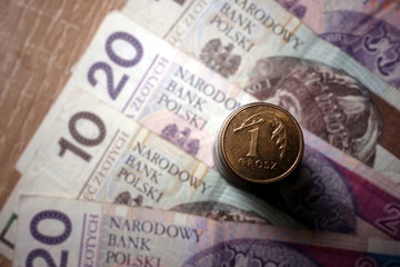 Polish zloty national currency, one penny coin and banknotes 