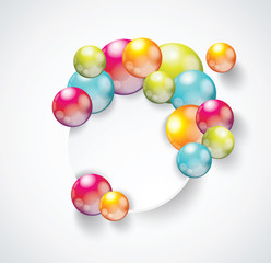 White paper banner with bright spheres on a white background.
