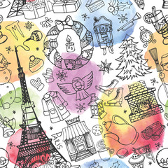 Paris winter,christmas seamless pattern.Watercolor