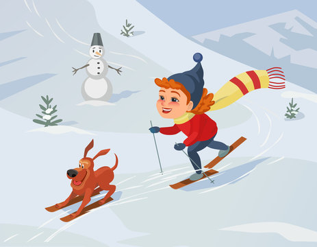 Winter outdoors concept. Cartoon fancy retro style poster. Skiing girl and dog on snowy hill. Cute happy child and pet on ski enjoy active lifestyle sport. Season holiday leisure banner background.
