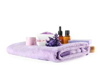 Composition of spa lavender treatments on white background