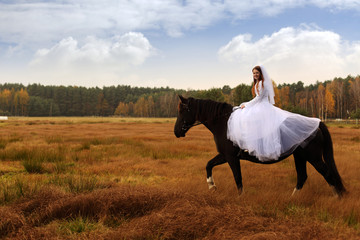 Panna młoda jeździ na koniu jesienią. - obrazy, fototapety, plakaty
