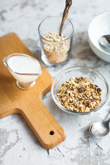 healthy breakfast: granola in bowl with coffe