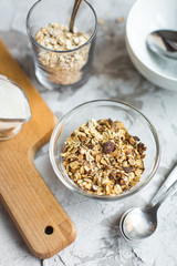 healthy breakfast: granola in bowl with coffe