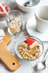 healthy breakfast: granola in bowl with coffe