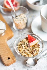 healthy breakfast: granola in bowl with coffe