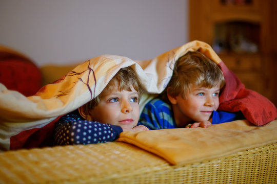Little kid boys watching television and enjoying cartoons