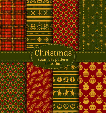 Merry Christmas and Happy New Year! Set of luxury seamless backgrounds with traditional holiday symbols: christmas tree, tree ball, bells, snowflakes and suitable abstract patterns. Vector collection.