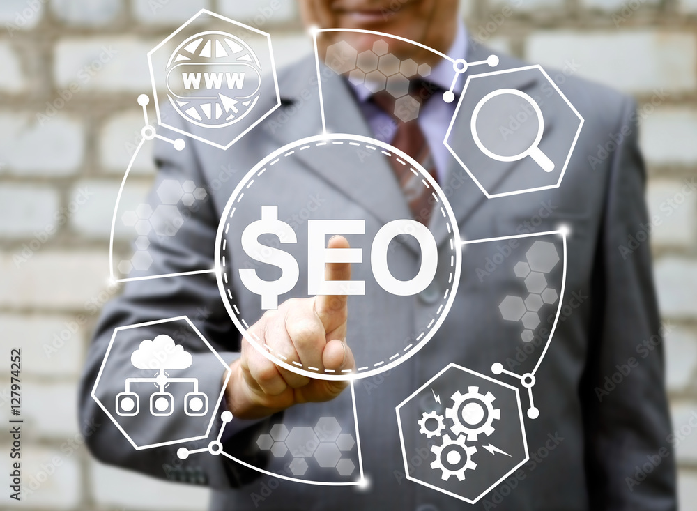 Poster businessman presses seo icon with dollar on virtual screen. search engine optimization concept. busi