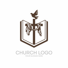 Church logo. Christian symbols. Bible, Holy Scripture, the cross of Jesus Christ and the Holy Spirit as a dove.