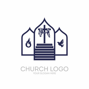 Church logo. Christian symbols. Stairway to the cross of Jesus Christ, the Holy Spirit as a dove and flames.