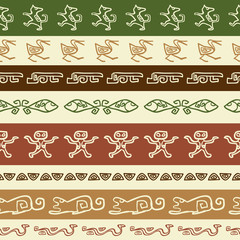 Seamless ethnic color pattern with animality ornament. Repeat straight stripes texture background, vector.
