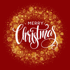 Merry Christmas greeting card lettering design red background, vector illustration