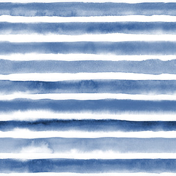 Watercolor seamless pattern with blue stripes. Repeat straight stripes texture background. Hand drawing pattern.