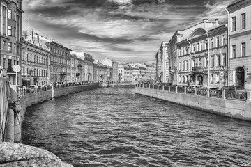 Scenic view over Moyka River embankment, St. Petersburg, Russia