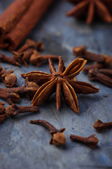 Star anise and cloves on concrete background