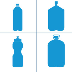 Set of blue silhouette of plastic bottles with water. Small, big, sport bottle of water. Vector illustration
