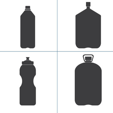 Set of black silhouette of plastic bottles with water. Small, big, sport bottle of water. Vector illustration