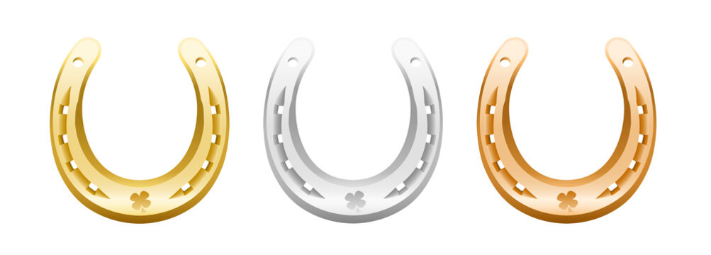 Gold, silver and bronze horseshoe with cloverleaf icon.