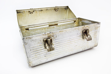 Old metal lunch box on a white background. Open. Horizontal.