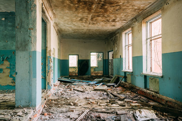 Ruined Hall Of Abandoned School After Chernobyl Nuclear Disaster