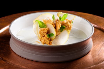 Fine dining dessert with pear