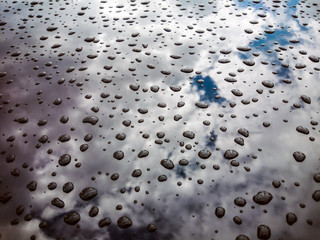 Raindrop on car with sky