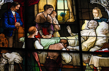 Obraz na płótnie Canvas Old man on his deathbed - Stained Glass