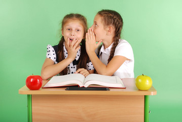 Two school girl sharing secrets sitting at a desk from book