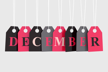 December tag on colored hanging labels 