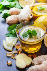 Ginger tea in a glass for flu cold winter days