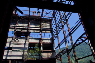 Obraz premium Abandoned, destroyed by war and overgrown machinery of Tkvarcheli power plant 