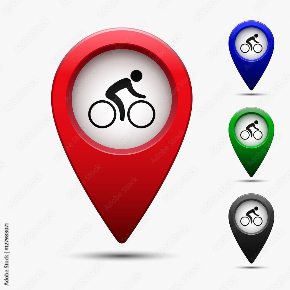 Poster colored map pointer with symbol bicycle path or parking place. vector isolated illustration of map m