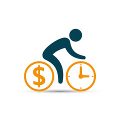 Business concept, cyclist icon vector. Time is money concept. Bicycle wheels as a coin and clock. Simple isolated bicycle sign.