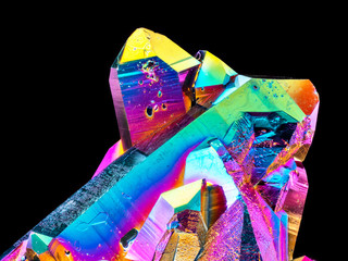Extreme sharp Titanium rainbow aura quartz crystal cluster stone on black background