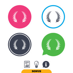 Laurel Wreath sign icon. Triumph symbol. Report document, information sign and light bulb icons. Vector