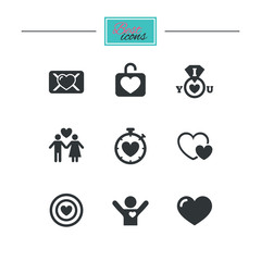 Love, valentine day icons. Target with heart, oath letter and locker symbols. Couple lovers, boyfriend signs. Black flat icons. Classic design. Vector