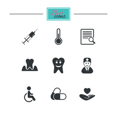 Medicine, medical health and diagnosis icons. Capsules, syringe and doctor signs. Tooth parodontosis, disabled person symbols. Black flat icons. Classic design. Vector