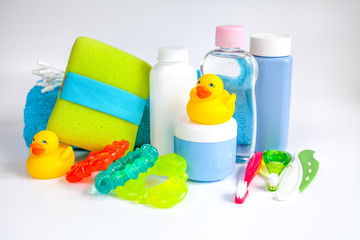 baby accessories for bath with duck on white background