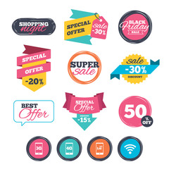Sale stickers, online shopping. Mobile telecommunications icons. 3G, 4G and LTE technology symbols. Wi-fi Wireless and Long-Term evolution signs. Website badges. Black friday. Vector